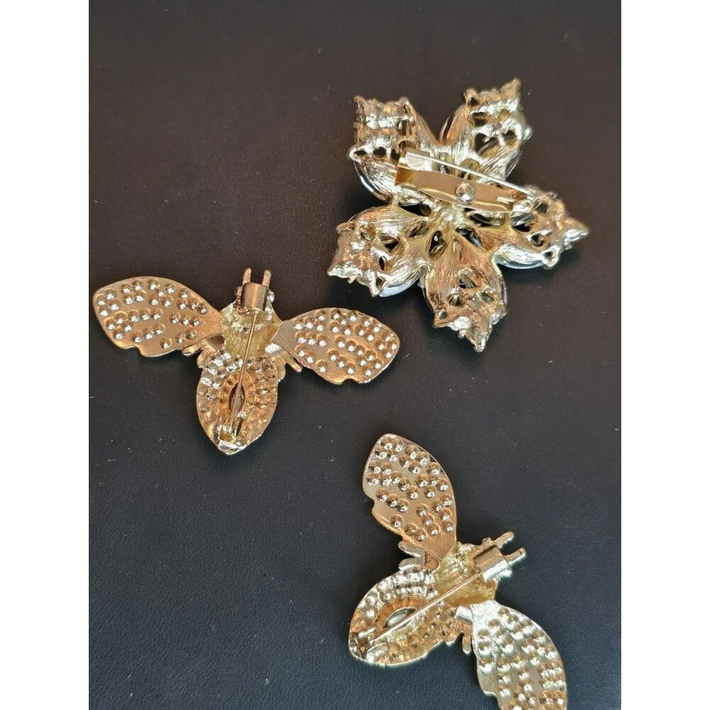 Gold Tone Bee And Rhinestone Flower Brooch Lot Sparkly Insect Floral Pins #334